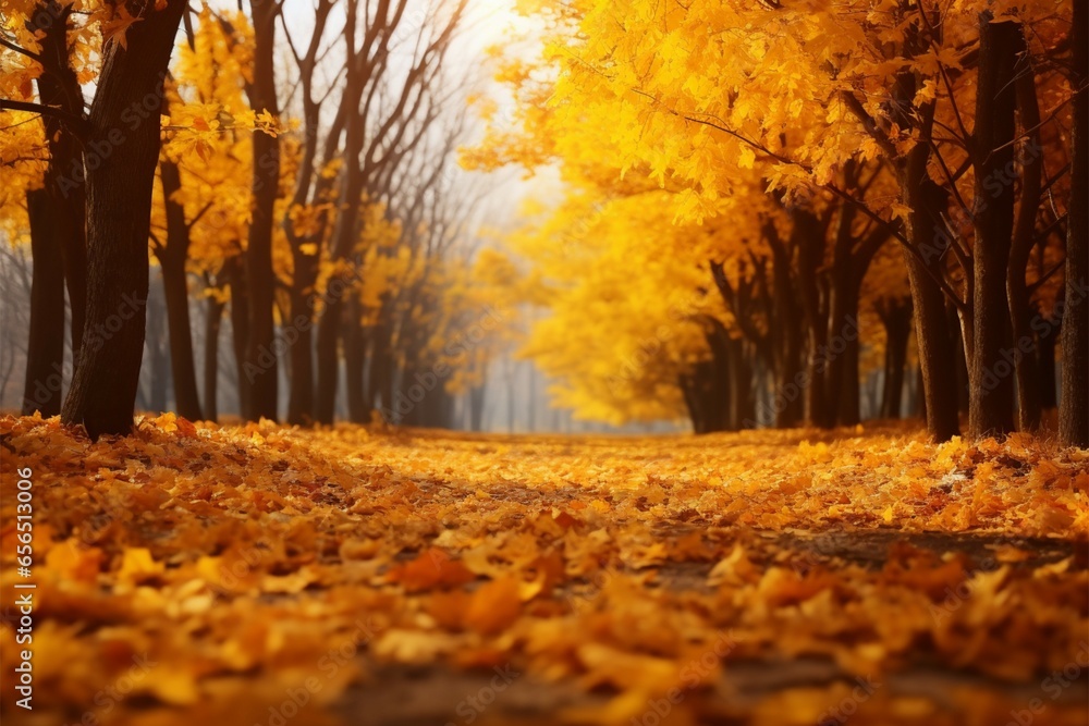 Autumns beauty: yellow trees, sun, falling leaves, vibrant foliage backdrop
