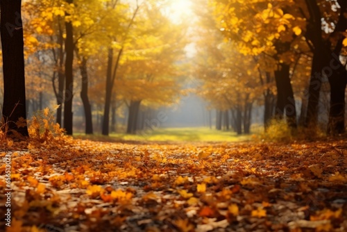 Autumns beauty: yellow trees, sun, falling leaves, vibrant foliage backdrop