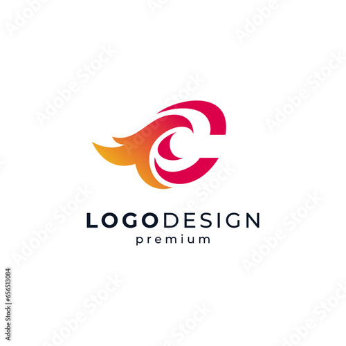 shiny letter C and bird with fire for business and finance logo design