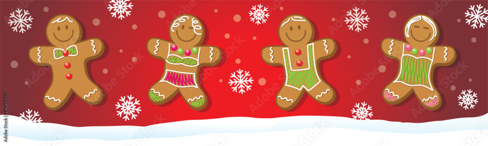 Banner headband Merry Christmas and Happy New Year. Gingerbread men and gingerbread women smiling. Vector illustration