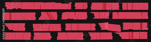 A set of plastic red pieces of torn scotch tape. Trendy elements for designs with realistic texture. Vector patches on transparent background