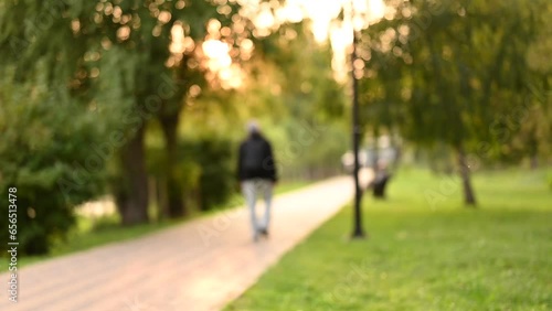 Blurred view of people walking in the park