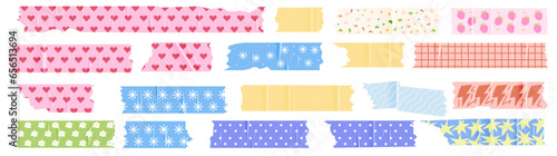 A set of cute pieces of torn scotch tape with colorful prints. Trendy scrapbooking elements with realistic texture. Vector illustrations