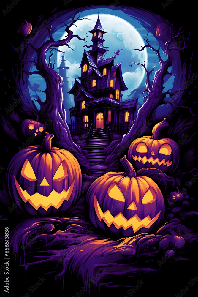 Halloween Vibes Haunted House and Pumpkin Heads Graphic T-Shirt Design with a Spooky Twist on a purple Background