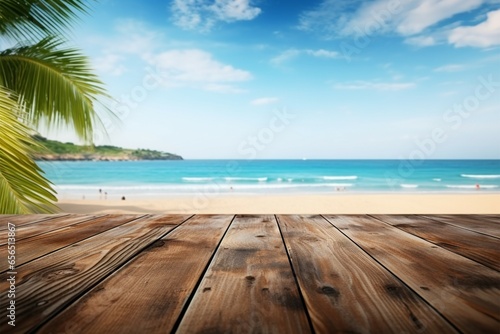 Beachy atmosphere old wood table with a blurred seaside view © Jawed Gfx