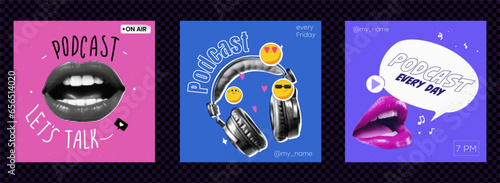 A set of covers for a podcast with trendy halftone collage elements. Square banners for music channels. Bright and bold vector illustrations.