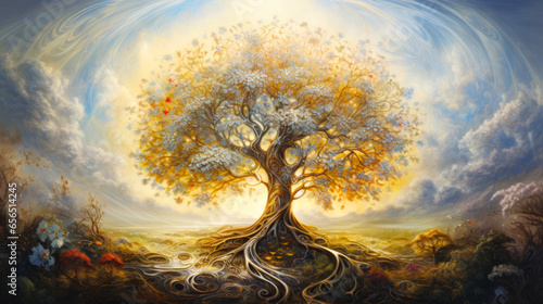Digital painting of an old tree in a beautiful autumn landscape. Digital painting. Ai generative.