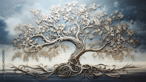 Fantasy landscape with a  life tree and birds. 3D illustration. Ai generative.