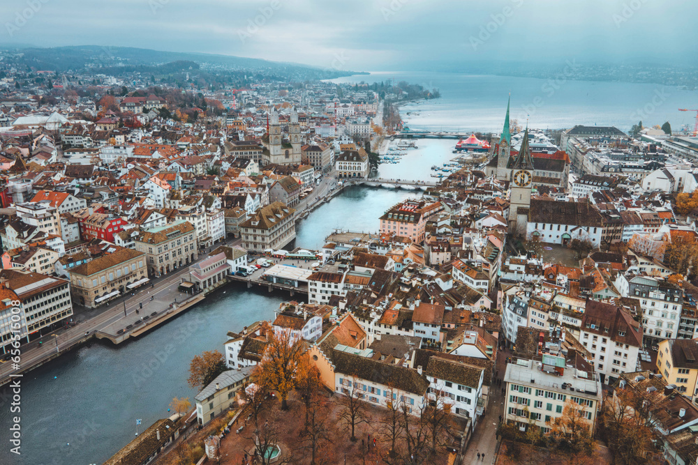Aerial view of Zurich city center with Fraumunster Church and river Limmat at Lake Zurich from Grossmunster Church on autumn, Canton of Zurich, Switzerland