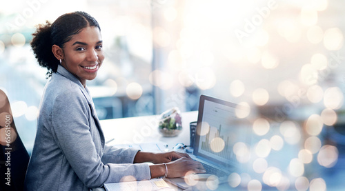 Mockup, laptop and portrait of business black woman online for research, website and internet. Overlay banner, corporate worker and person for career opportunity, job or work for startup company