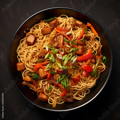 Wok-fried vegetable and pork loin spaghetti, top-down view, square image, very realistic