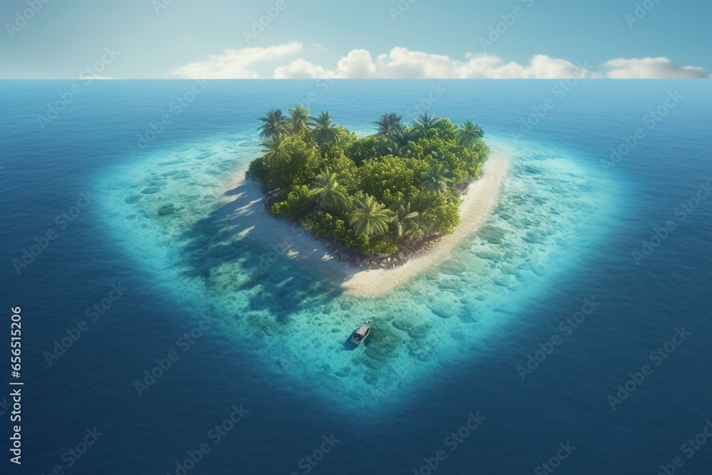 A heart-shaped tropical island view symbolizing the love for travel. Generative AI - obrazy, fototapety, plakaty 