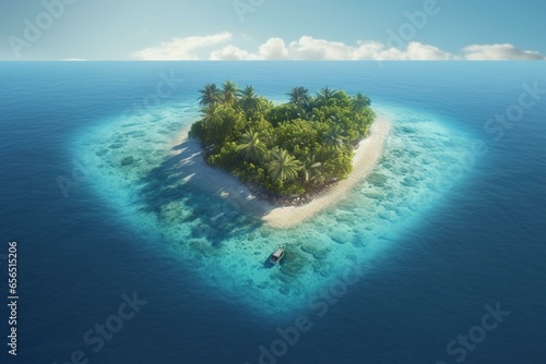 A heart-shaped tropical island view symbolizing the love for travel. Generative AI photo