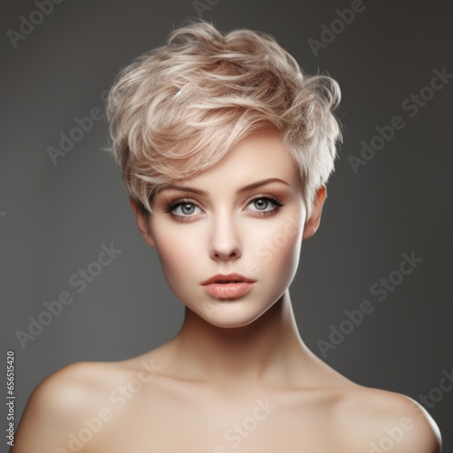 Studio portrait of a beautiful woman with a fashionable short haircut.