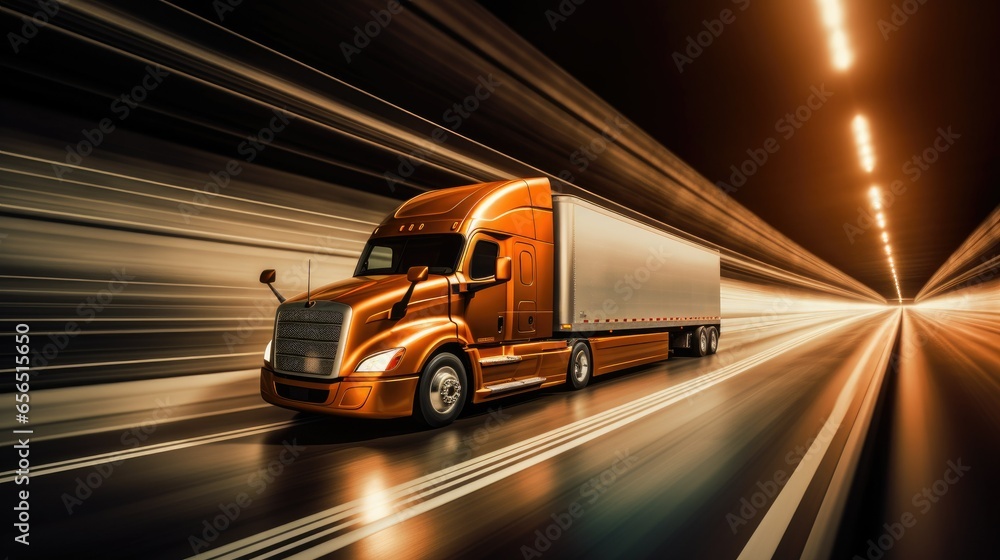Semi truck driving through a tunnel, Truck at Speed in Tunnel 