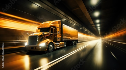 Semi truck driving through a tunnel, Truck at Speed in Tunnel  © Suchart