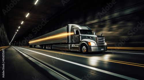 Semi truck driving through a tunnel, Truck at Speed in Tunnel 