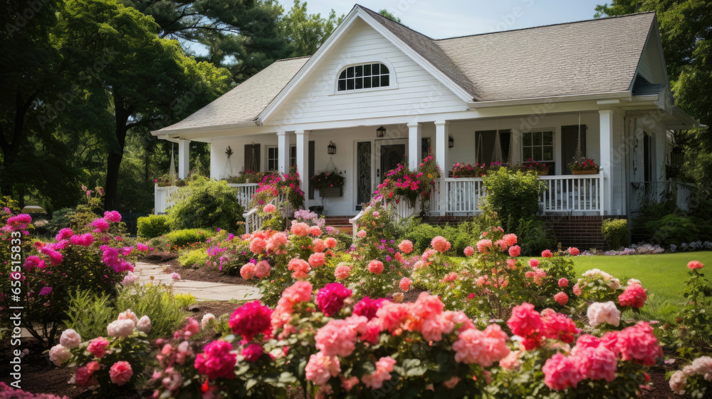 Fototapeta premium Front yard of a family home with lots of flowers