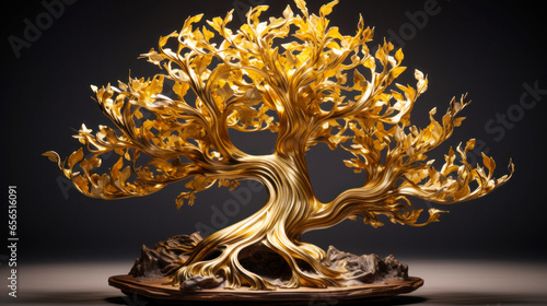 Bonsai tree statue with golden leaves on black background, 3d render. Ai generative. photo