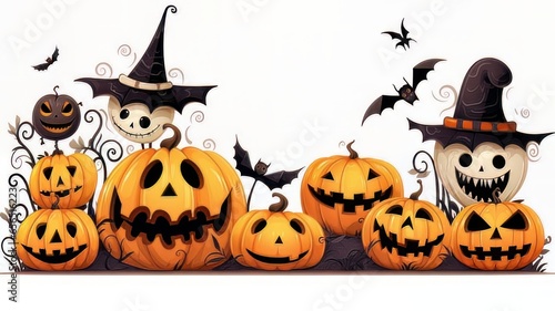 Dibujo divertido de halloween, con calabazas terroríficas sonriendo, una bruja de esqueleto y murciélagos.