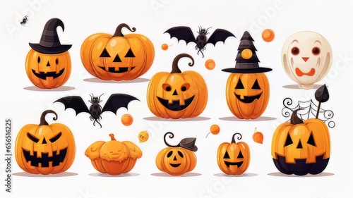 Dibujo de halloween, con calabazas terroríficas sonriendo, murciélagos, decoración de miedo.
