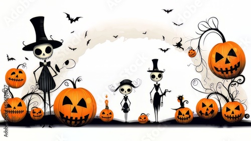 Dibujo de halloween, con calabazas terroríficas sonriendo, una pareja de esqueletos con traje y murciélagos.