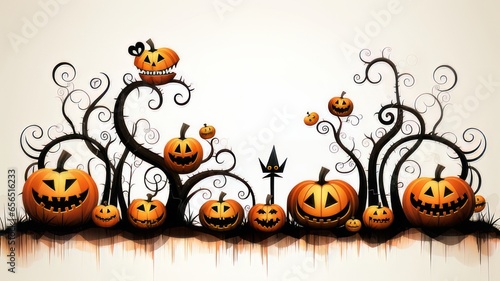 Dibujo de halloween, con calabazas terroríficas sonriendo con arboles.