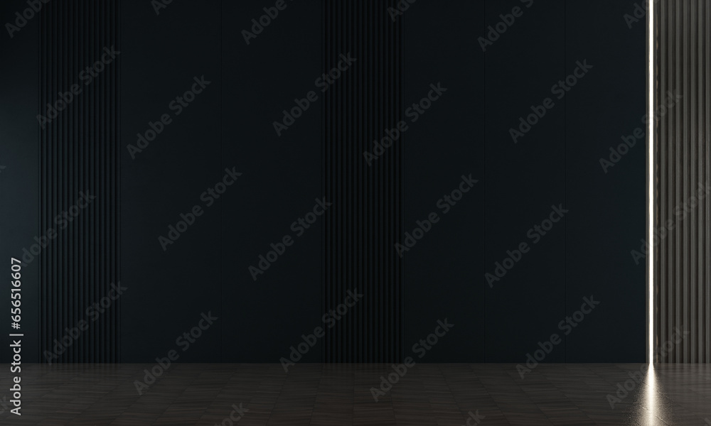 Black sofa with terra cotta and grey pillows against empty wall background. Minimalist style home interior design of modern living room. 3d rendering.