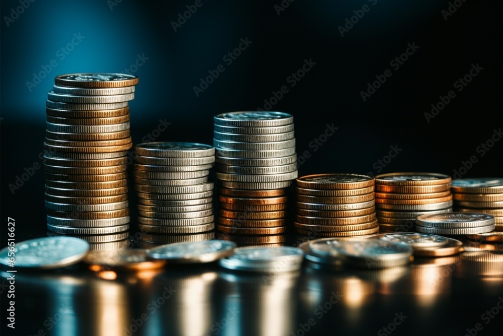 Business and finance concept: Money coins, stack, blue tinted black backdrop Business and finance concept: Money coins, stack, blue tinted black backdrop