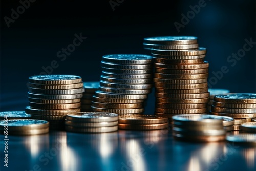 Business and finance concept: Money coins, stack, blue tinted black backdrop