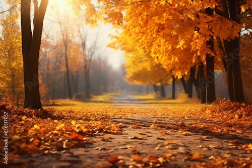 Colorful autumn park scene: golden trees, sunlight, leaves falling naturally
