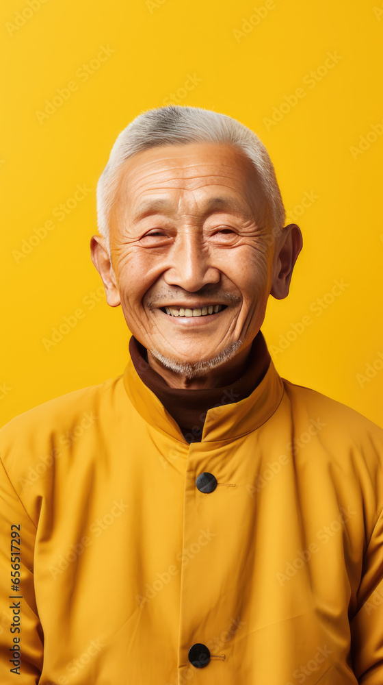 Portrait of a man over 60 years old, Asian with plain yellow background Portrait of a man over 60 years old, Asian with plain yellow background