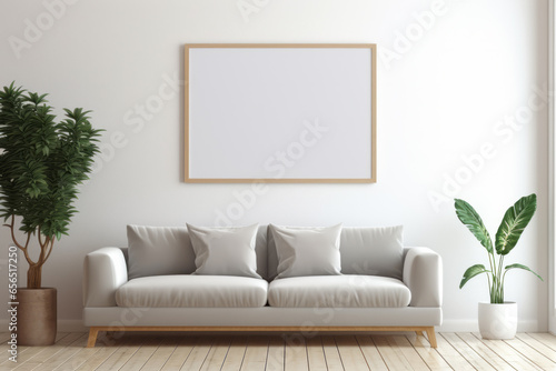 image frame mockup with a couch in front of it, comfortable sofa © Mathias