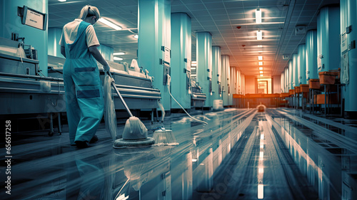 woman cleaning the hallways of a hospital at night