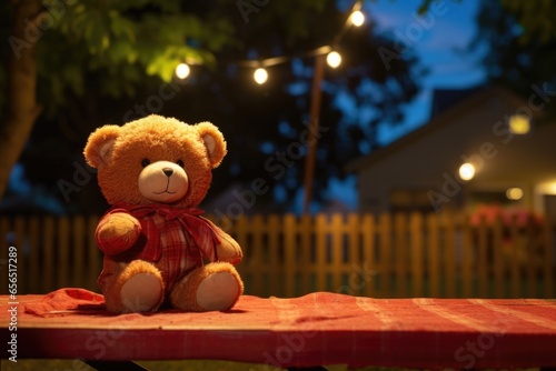 bear toy sitting on a picnic table with park lights behind