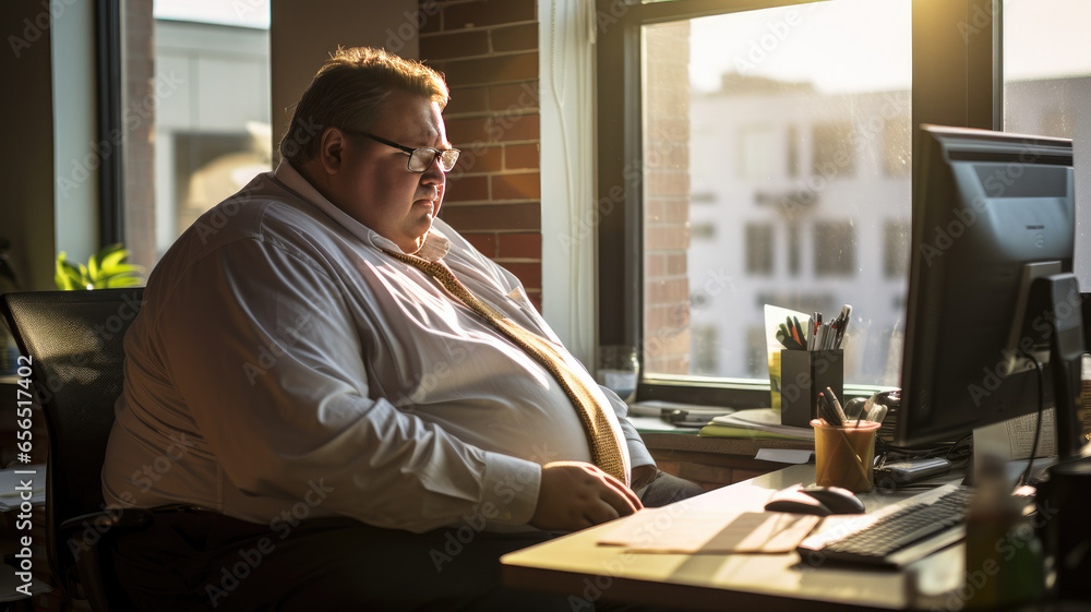 fat adult man, in the office in front of the computer fat adult man, in the office in front of the computer