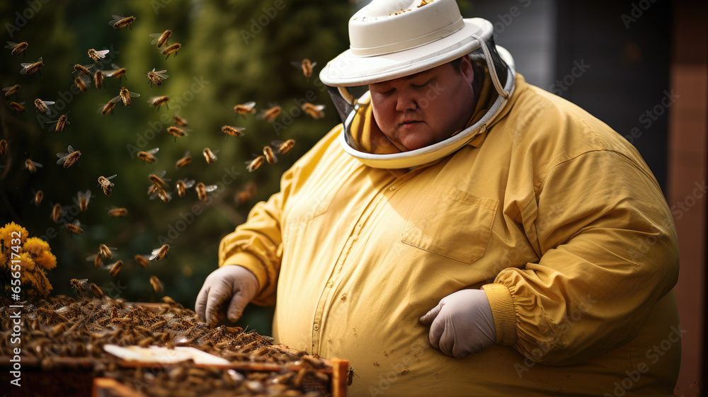 140 kilo fat man, working as a beekeeper outside, watching the birds
