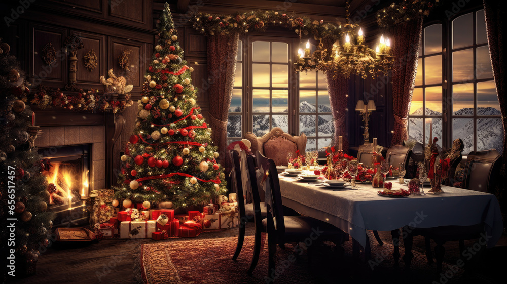 living room of a house, with fireplace, Christmas decoration throughout the living room and a Christmas tree