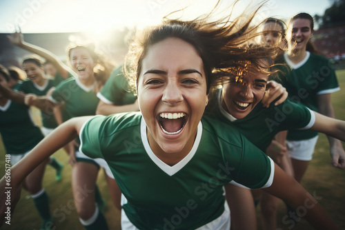 women's soccer team celebrating a goal photo