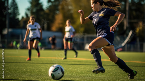 woman running with the soccer ball, in a soccer game