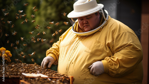 140 kilo fat man, working as a beekeeper outside, watching the birds © Daniel