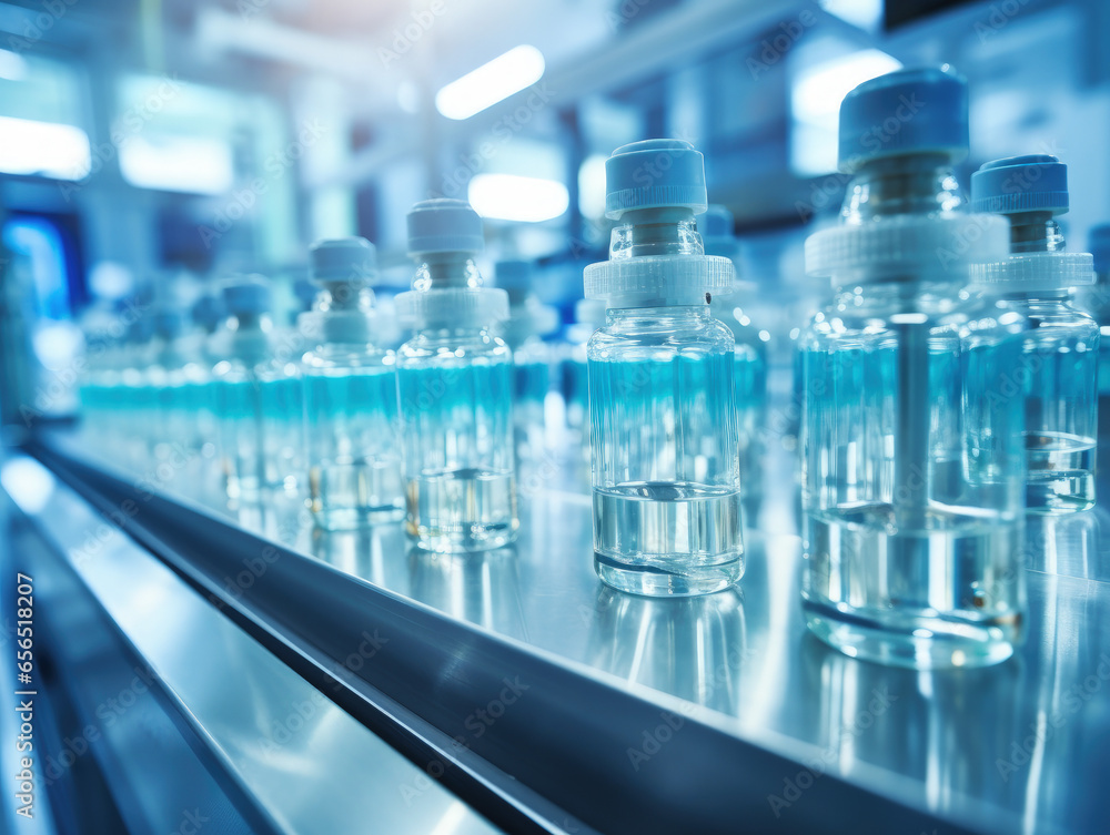 A view of a pharmaceutical production line at work, featuring medical vials and glass bottles, with pharmaceutical machines in operation. A view of a pharmaceutical production line at work, featuring medical vials and glass bottles, with pharmaceutical machines in operation.