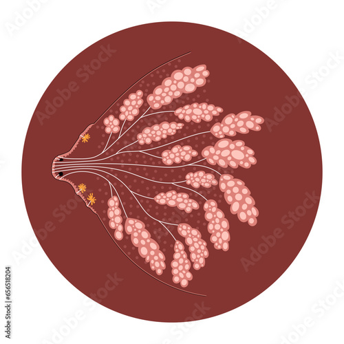 Woman breast internal structure designed in folk style. Hand drawn mammary gland as a symbol of maternity. Sticker or badge format in circle.