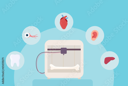 Set 3d printing, bioprinting, artificial organs, prosthetics, synthetic. Liver, arm, ear, eye, bone, heart.