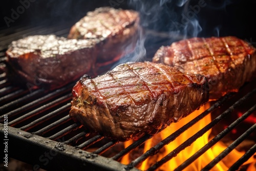 sizzling steaks on the grill, with visible smoke