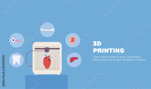 web banner set 3d printing, bioprinting, artificial organs, prosthetics, synthetic. Liver, arm, ear, eye, bone, heart.