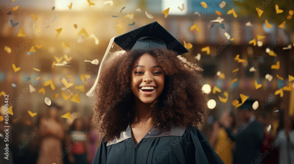 Obraz premium This image captures the happiness of an African American girl on her graduation day, marking the successful completion of her school journey.