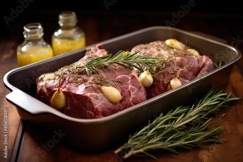 beef roast with garlic bulbs and rosemary, ready for slow-cooking