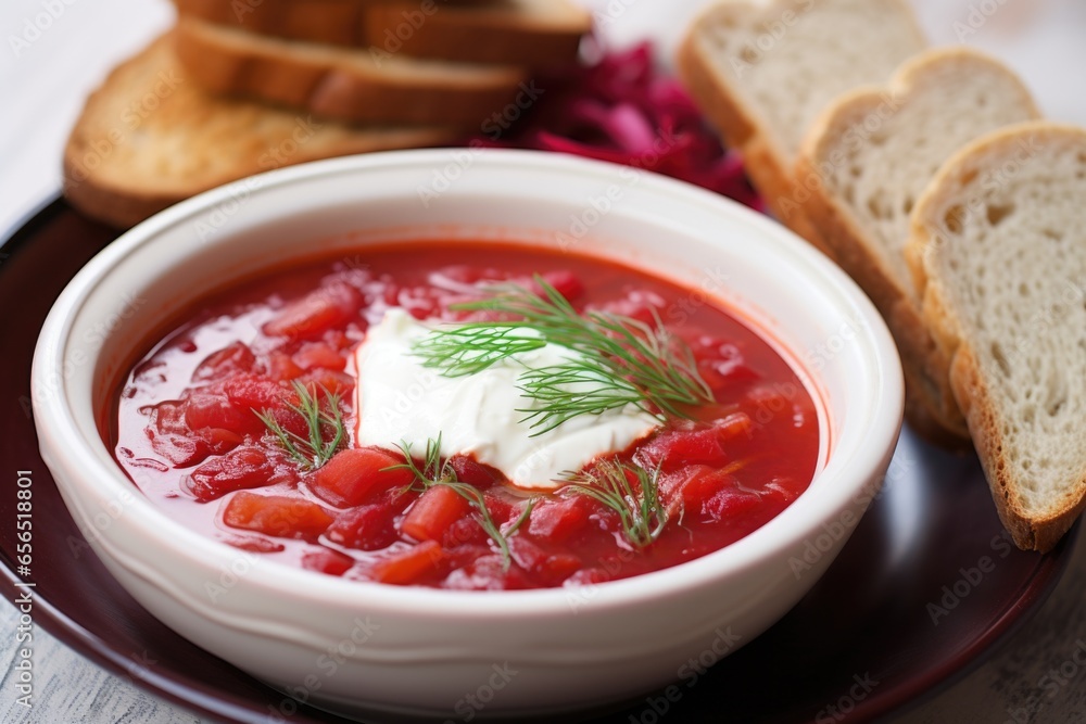 close up shot of hot borscht with a dollop of sour cream close up shot of hot borscht with a dollop of sour cream