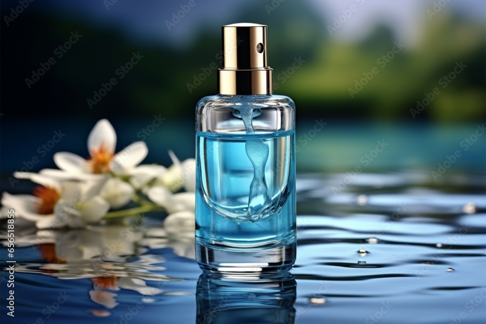 Glass serum bottle, collagen, aquatic backdrop, 3D rendered skincare Glass serum bottle, collagen, aquatic backdrop, 3D rendered skincare